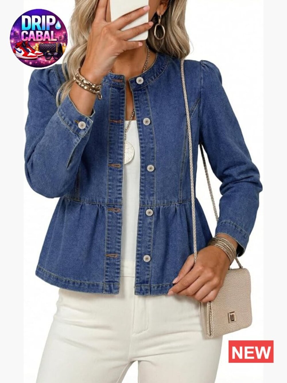Cropped Denim Jacket Button Down Collarless Cinched Waist Long Sleeve Peplum